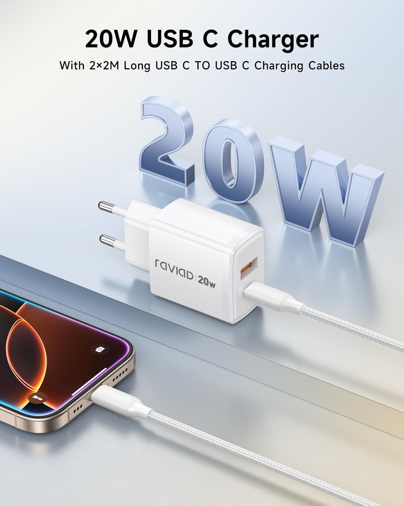 RAVIAD 20 W USB C Charger Pack of 2, [USBC + USBA] Fast Charger with USB C Cable 2 m, Mobile Phone Power Supply Type C with 2 Ports, Compatible with iPhone 16 15 Pro Max, Samsung Galaxy S25 S24 S23 2 pack