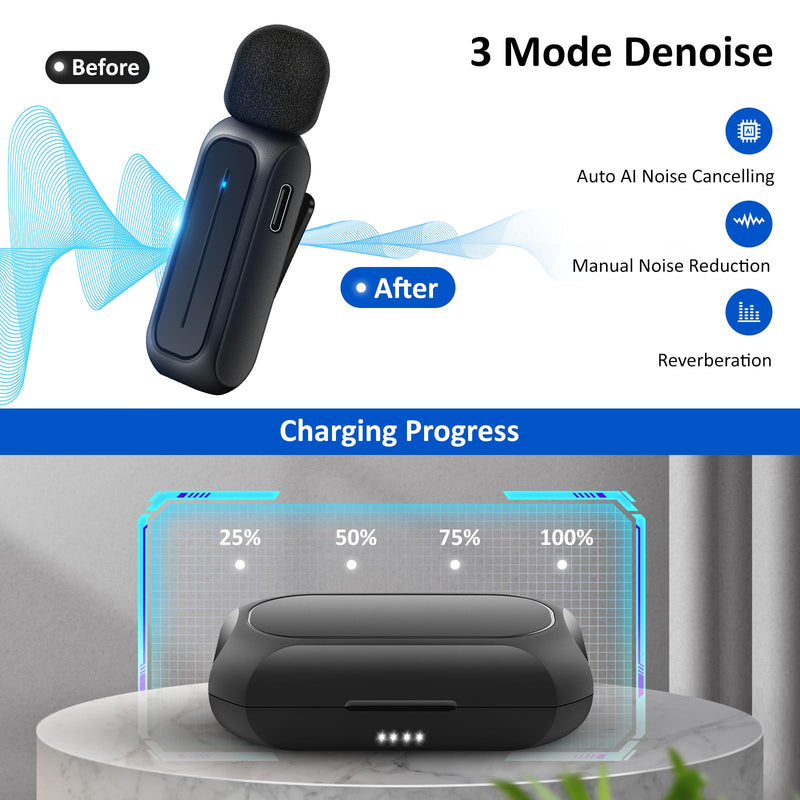 [AUSTRALIA] - Ecomxia 2 Pcs Wireless Lavalier Microphone for iPhone iPad Android with Charging Case 7H Clip on Lapel Microphone Wireless for Video Recording Vlogging, YouTube, Interview, 3 Mode Denoise, 70ft Black 