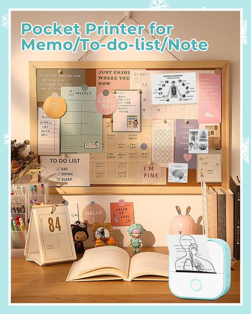 [AUSTRALIA] - Memoqueen Mini Sticker Printer T02 Pocket Portable Bluetooth Thermal Printer with 3 Rolls Paper for Journal, Memo, Photo, DIY Scrapbook, Travel, Children Gifts, Compatible with iOS & Android, Green 1 Printer & 3 Rolls Paper 