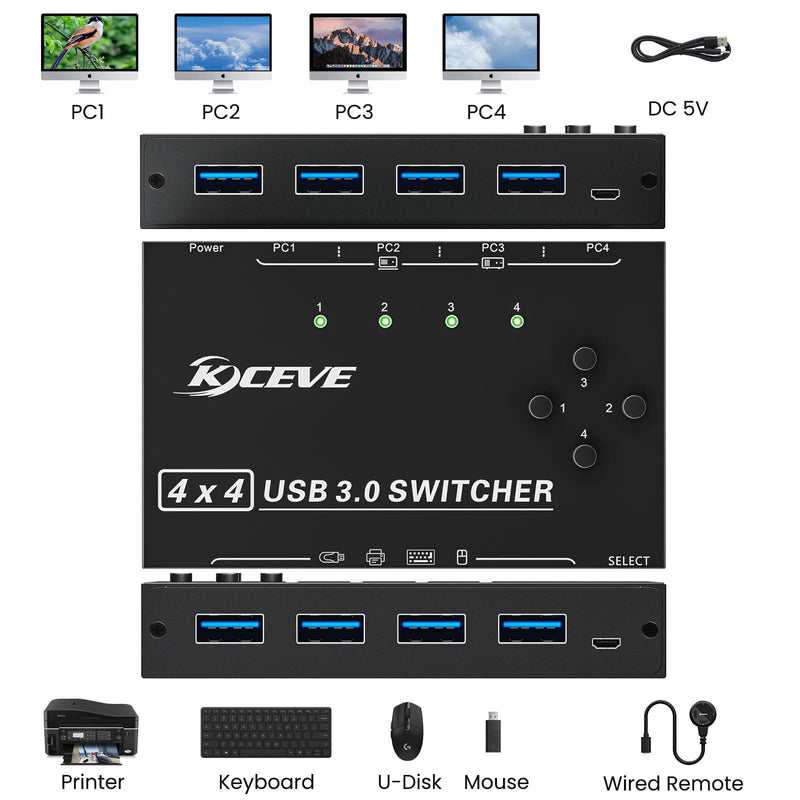 KCEVE USB Switch 4 Computers, USB3.0 Switch for 4 Computer Share 4 USB Devices, with Wired Remote(4K 4 in 4 Out KM)