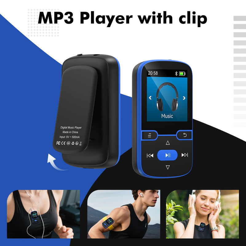 [AUSTRALIA] - 64GB MP3 Player with Clip Bluetooth 5.3 Portable Music Player for Kids with FM Radio, Pedometer, Voice Recorder, Shuffle and Repeat, Weighs Only 28g for Sport and Running, TF Card Up to 128G(Blue) Blue 64GB 