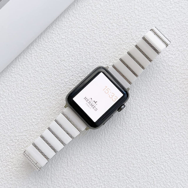 Ceramic Band for Apple Watch 42mm/41mm, Metal Inlay Bracelet, White/Silver | MaKTech 316L Stainless Steel Clasp, Diamond-Shaped Metal Strip, for Apple Watch Series 11/10 42mm, 9/8/7 41mm, SE 3/2/1 40mm 42mm/41mm/40mm