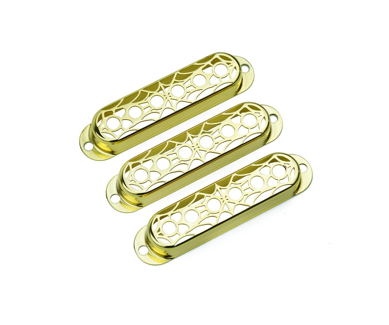 Guyker 3Pcs Single Coil Guitar Pickup Covers (52mm Pole Spacing), Copper Hollow Out Spider Web Style Pickup Mounting Ring Set Guitar Accessories Replacement Part(PS007, Gold) PS007, Gold