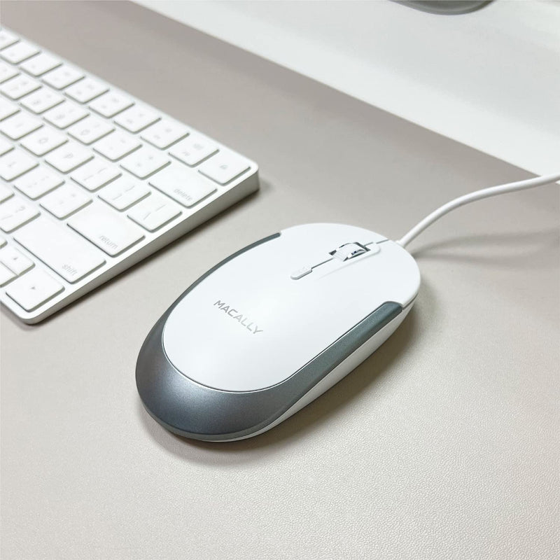 Macally Silent Wired Mouse - Slim & Compact USB Mouse for Laptop/Desktop Windows PC or Apple Mac - Designed with Optical Sensor & DPI Switch - Simple & Comfortable Wired Computer Mouse (White) White with Silver Trim