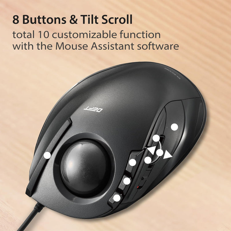 ELECOM DEFT Trackball Mouse, Wired, Finger Control, 8-Button Function with Smooth Tracking, Ergonomic Design, Windows11, macOS (M-DT2URBK) Black / Black ball