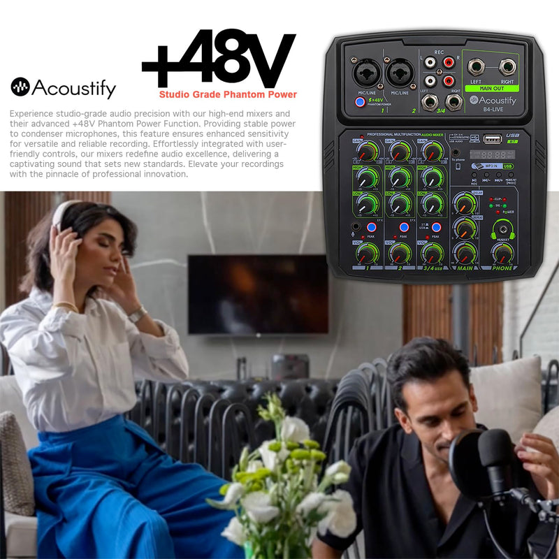 B4-Live 4-Channel DJ Mixer with Bluetooth, USB Playback, Recording, 48V Phantom Power, and Effects – Professional DJ Audio Mixer for Live Sound, Podcasting, and Studio Recording