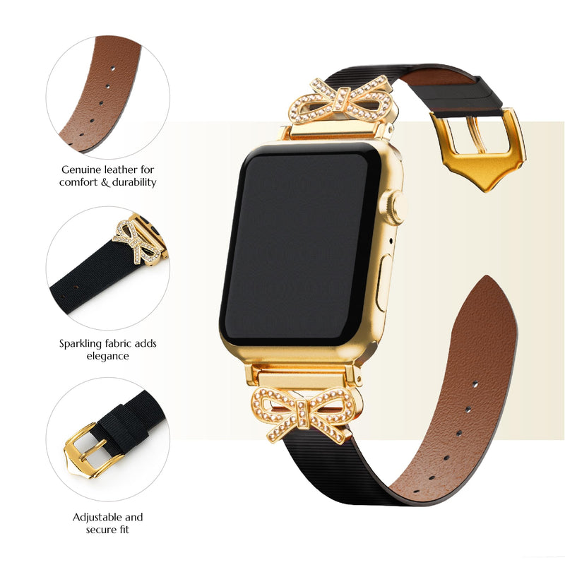 Crystal Bowknot Geniune Leather Watch Band for Women Compatible for Apple Watch 38/40/41/42/44/45/46/49mm, Slim Leather Strap Ivory & Rose Gold 42(Series 10-11)/38/40/41mm
