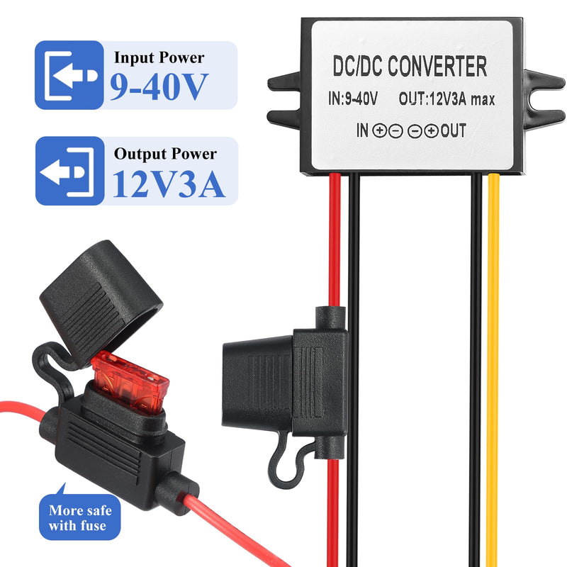 9-40V to 12V 3A Power Converter - Waterproof 36W Voltage Transformer for Truck/RV, CCTV Systems (CE Certified) Black DC/DC 9-40V to 12V3A