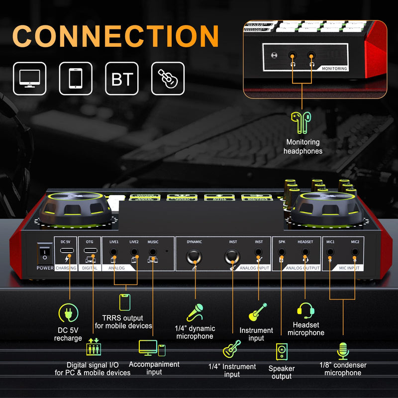 Audio mixer, suitable for live streaming, singing, and gaming on computer/phone; soundboard for 3.5mm condenser microphone; podcast mixer with live sound card, noise reduction, and one-touch mute G9