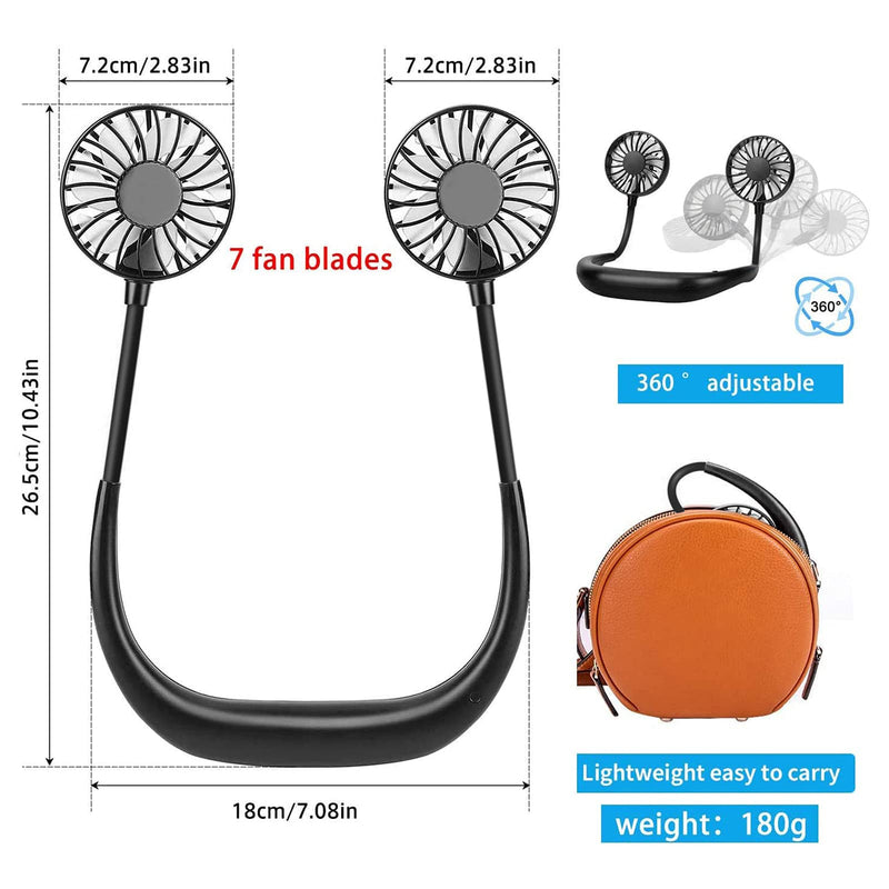RJVW Portable Neck Fan, Hand Free Personal Hanging Neck Sports Fan USB Rechargeable (3 Speed Adjustable) Wearable Cooling Head Fan,360 Degree Free Rotation for Traveling, Sports, Office, Reading Full Black