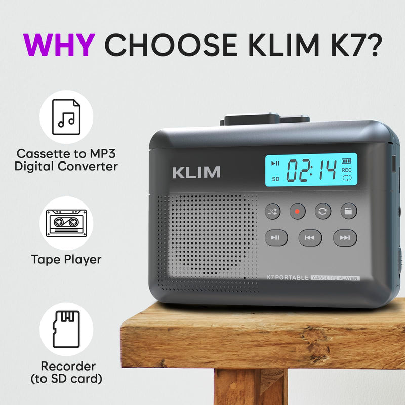 [AUSTRALIA] - KLIM K7 Cassette Tape Player - Cassette to MP3 Converter - Portable - Built-in Microphone & Speaker - Rechargeable Battery - Earphones - 16GB SD Card - Ash 