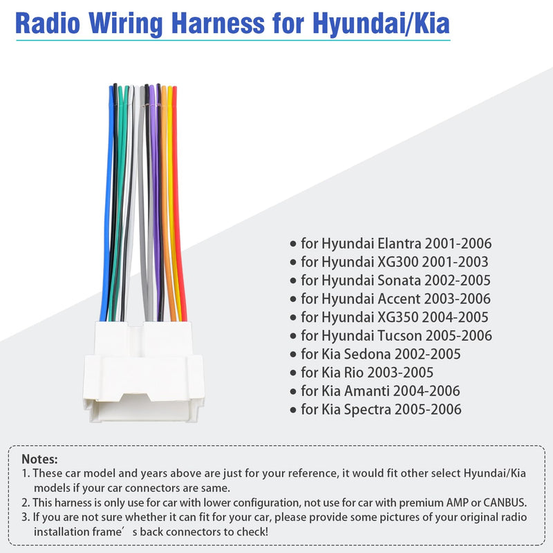 Radio Wiring Harness Connector Compatible with Hyundai Elantra Sonata Accent Tucson Kia 02-06, 16Pin Car Stereo Wire Harness Adapter Cable Plug