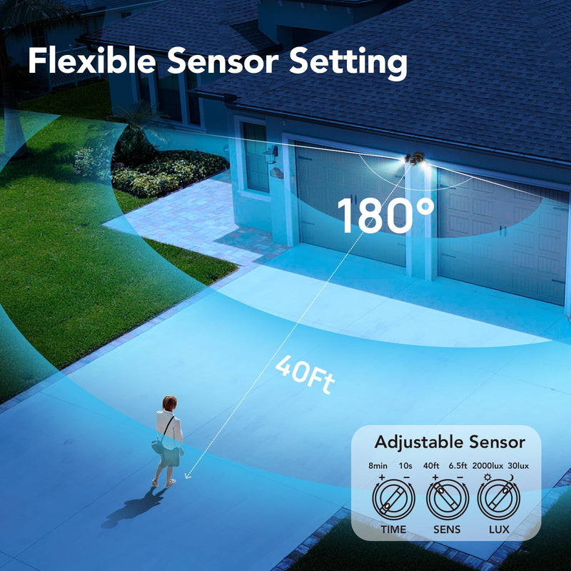 [AUSTRALIA] - OREiN Motion Sensor Outdoor Security Light, Adjustable Dual-Head LED Flood Light, 3 Modes(Motion/Manual/Dusk to Dawn), 150W Equivalent 5000K, IP65 Waterproof Exterior Lighting, Hardwired Black 2 Heads 