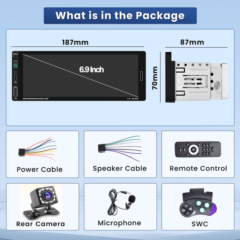 [Fuluku] 6.9 Inch Single Din Car Stereo with Wireless Carplay Android Auto | Wireless Carplay Android Auto,1 Din Car Radio BT with Backup Camera, Mirror Link, FM, EQ, USB/Type-C/Aux Input, Mic, SWC