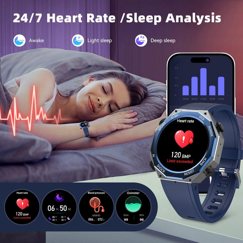 Rogbid Military Smart Watch for Men (Answer/Make Call) 1.45" AMOLED 680mAH IP69 Waterproof Smartwatch for iOS Android Phones Fitness Tracker Watch Heart Rate Blood Pressure Sleep Monitoring Blue