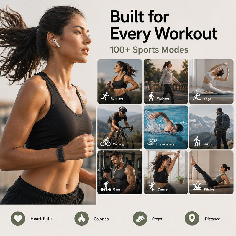 Yihou Smart Fitness Tracker for Women & Men Ultra-Thin Minimalist Smart Band with 24/7 Heart Rate Monitor Sleep Tracker 100+ Sports Modes IP67 Waterproof Call & App Alerts Nylon & Silicone Bands Black