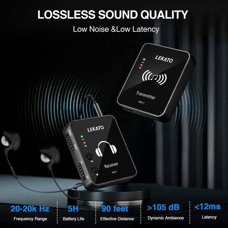 LEKATO Wireless in Ear Monitor System 2.4GHz, Stereo in-Ear Monitoring with Transmitter Receiver Clip-On, One to Many, Auto-Pairing, Wireless IEM for Band Rehearsal,Studio, Church,Small Gigs(MS-1) Black