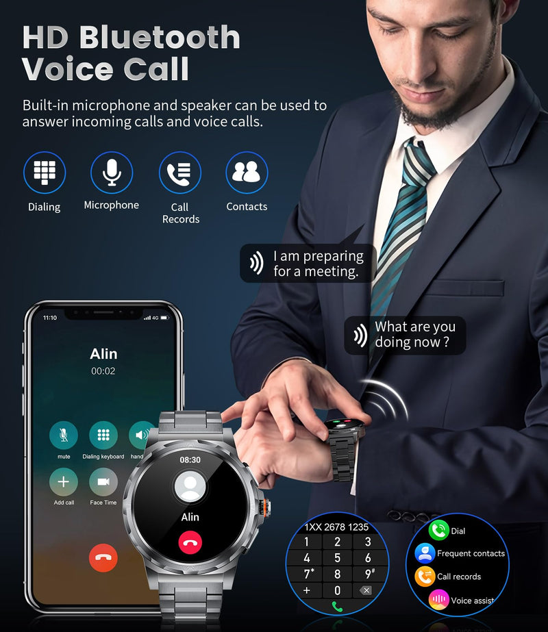 Military Smart Watch for Men(Answer/Dial Calls),1.46'' AMOLED Touchscreen/5ATM Waterproof/120+ Sports Modes Fitness Watch with Blood Pressure/Heart Rate/SpO2/Pedometer for Android/iOS Smartwatch Black