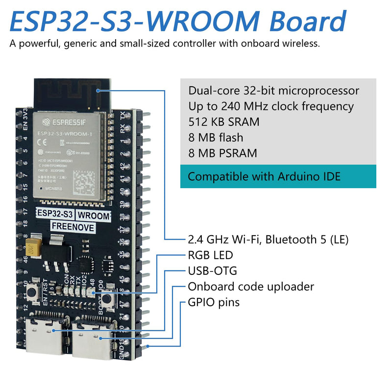 FREENOVE ESP32-S3-WROOM Board Lite (2 Pack), Dual-core 32-bit 240 MHz Microcontroller, Onboard Wireless, Python C Code, Example Projects Tutorial 2 Pack