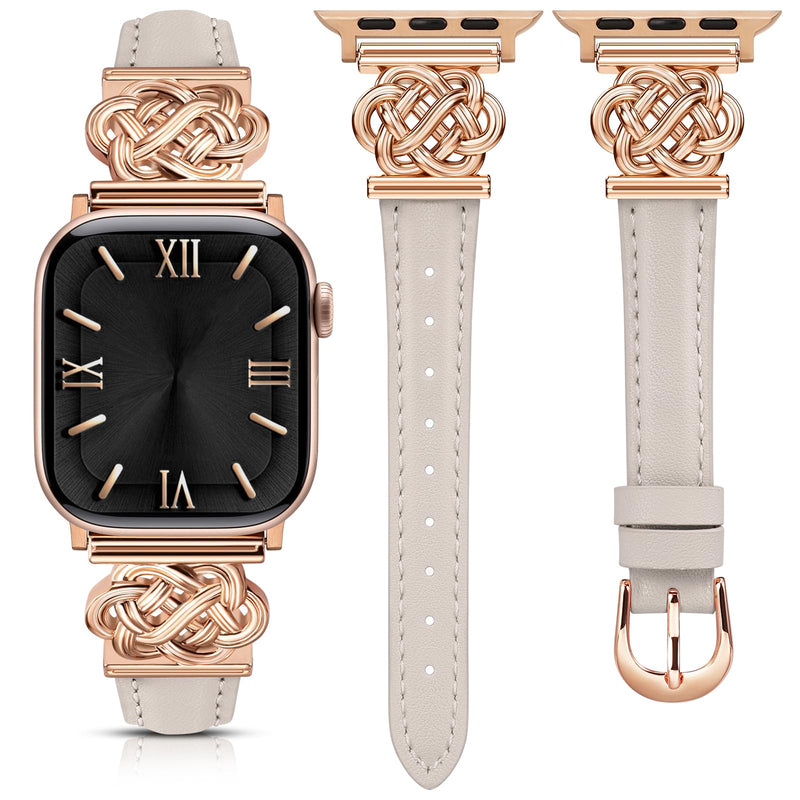 Minyee 2 Packs Watch Band Compatible with Apple Watch Band 42/46/41/40/38/44/45/49mm Women, Pretty Adjustable Studded Link Bracelet & Dressy Slim Thin Premium Leather Strap