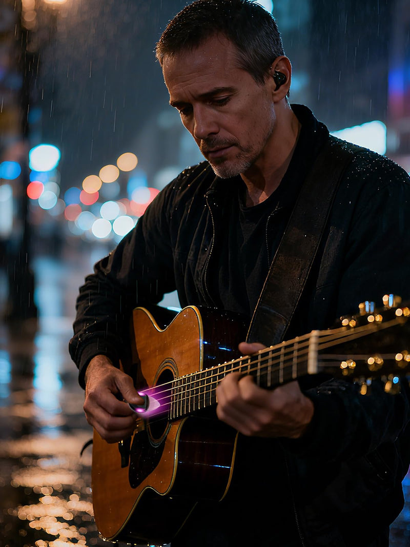 Guitar Gifts Glow in The Dark LED Pick, 0.6mm Automatically Lights Up with Replaceable Battery for Electric Acoustic Bass, Musical Present for Men Women Musicians (2-Pack, Green & Purple) Green+purple