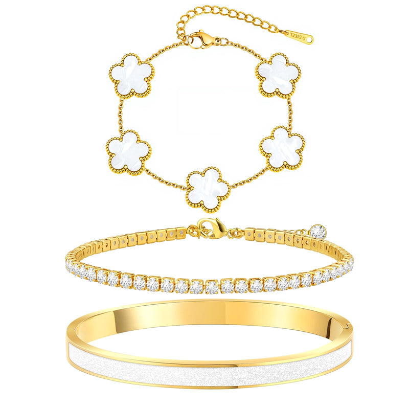 MOINSPIRE 18K Gold Bracelets Set for Women and Slim Band and 3Pcs Diamond Jewelry Set Bundle Compatible with Apple Watch 38mm 40mm 41mm 42mm 44mm 46mm 45mm 49mm for iWatch Series 11/10/9/8/7/6/5/4/3/