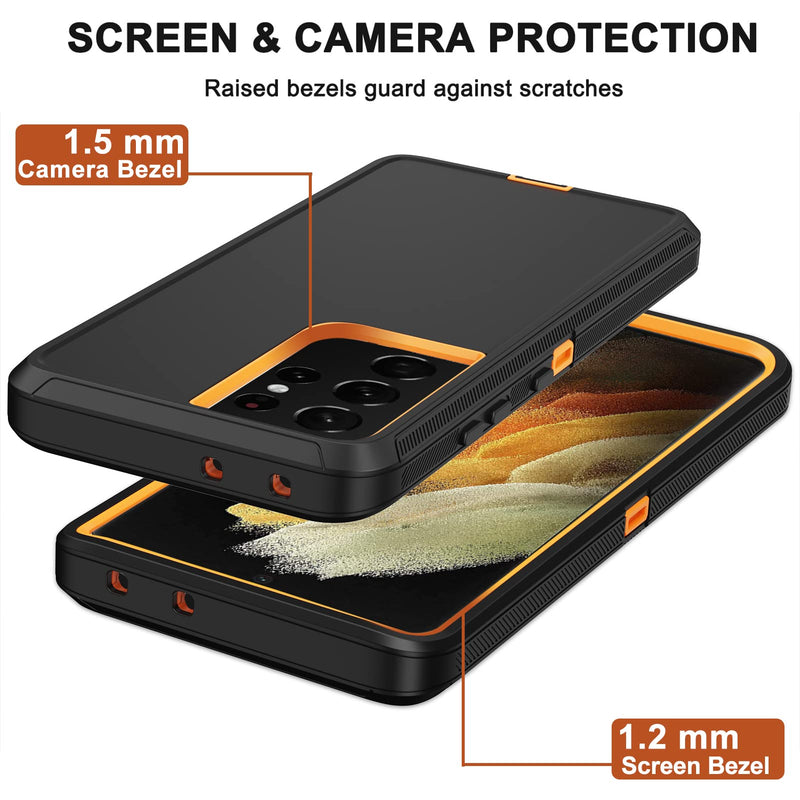 for Samsung Galaxy S21 Ultra Case with Belt Clip Holster, 2X Screen Protector, Heavy Duty Full Body Shockproof Drop-Proof Rugged Protective Cover for Samsung Galaxy S21 Ultra 5G 6.8 inch (Orange) Orange