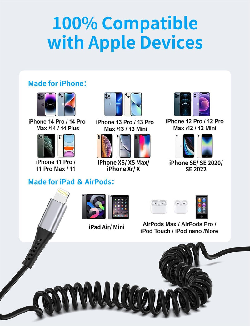 [AUSTRALIA] - Coiled Lightning Cable for Car, 2Pack Retractable iPhone Charger Cable Fast Charging, [MFi Certified] Short Apple CarPlay USB to Lightning Cord for iPhone 14 13 12 11 Pro Max Mini XR XS 8 SE iPad 3FT Coiled 