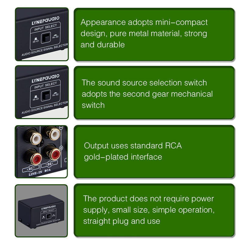 RCA Switch Audio Switcher RCA 2 in 1 Out / 1 in 2 Out A/B Switch Stereo Audio Splitter Box with No Distortion RCA Jack for Switching Between Computer Speakers and Headphones,LYNEPAUAIO