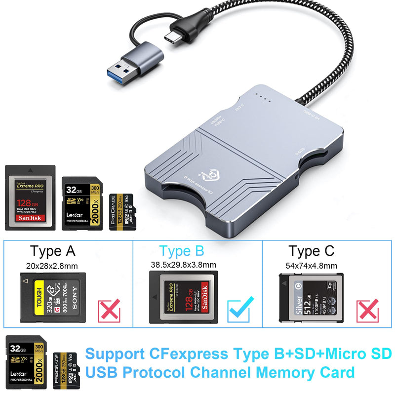 CFexpress Type B and SD & Micro SD Card Reader, 10Gbps USB 3.2 Gen 2 High Speed Memory Card Reader Adapter with USB A + USB C,Compatible with Windows/Mac/Chrome/Linux/Android Grey