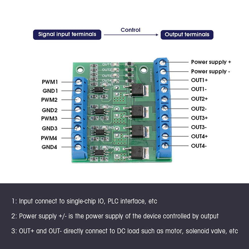 PWM 4 Channel PLC Amplifier Mosfet Module Mosfet PCB MOSFET Amplifier PCB Module Driver 3-20V to 3.7-27VDC 10A