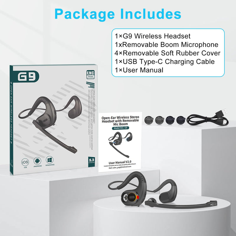 iDIGMALL Bluetooth Headset with Detachable Microphone, Multi-Point Wireless Headset w/DSP Noise Canceling Mic for Phone PC Laptop, Comfort & Light Open Ear headphones for Office Meeting Home Work, 12H G9-Black