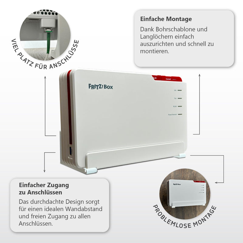 Wall mount for AVM FRITZ!Box 5690 Pro - robust, perfect fit, fibreglass connection (fibre) free, open design for heat dissipation, including drilling template, screws and dowels - made in Germany
