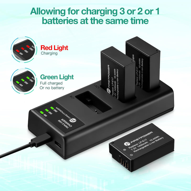 [AUSTRALIA] - FirstPower LP-E17 Battery 3-Pack and Triple Slot Charger for Canon EOS R50 R100 R10 R8 RP, Powershot V1, Rebel T8i T7i T6i T6s, SL2 SL3, EOS M3 M5 M6, M6 Mark II, 77D 200D 750D 760D 800D 8000D Camera 