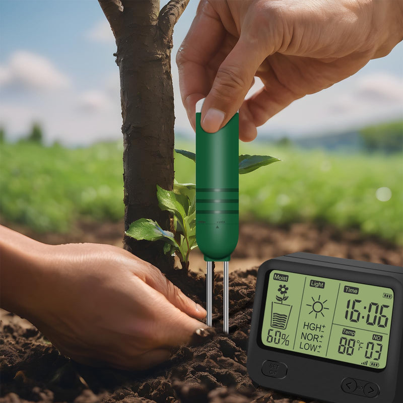 [AUSTRALIA] - 4-in-1 Wireless Soil Moisture Meter/Thermometer/Sunlight/Time,PH Paper, Waterproof Plant Moisture Sensor Meter with Digital LCD Display for Garden, Lawn and Indoor Plants 4-in-1 Display+2 Sensor 
