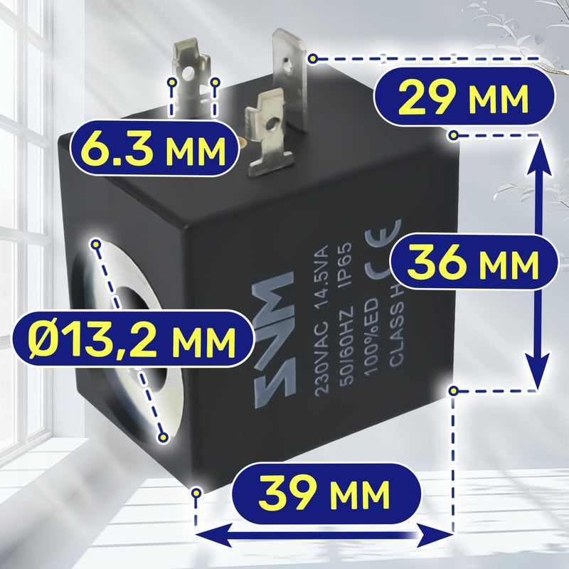 Coil for Solenoid Valve 39 x 36 x 29 mm Diameter 13.2 mm Class H IP65-230V 8W 50/60Hz 14.5VA MONTERAL