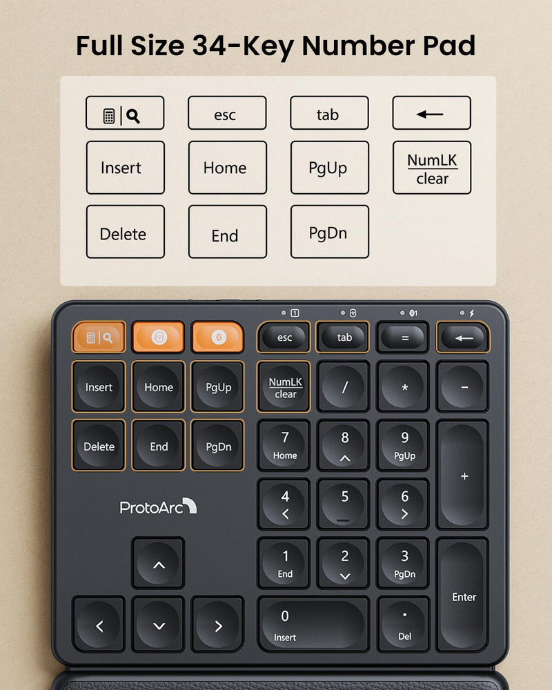 ProtoArc EK04 N Ergonomic Wireless Number Pad with Wrist Rest - Black | Full Size Numeric Keypad, 2-Device Bluetooth/2.4G, Rechargeable, for Windows PC/Laptop, Mac OS