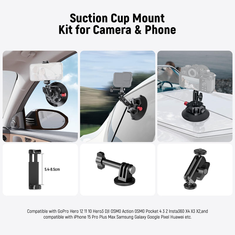 NEEWER 4.5" Suction Cup Camera Mount with Ball Head Magic Arm, 1/4" 3/8" ARRI Holes, Quick Release Car Mount with Phone Holder & Action Cam Adapter Compatible with iPhone DJI Insta360, CA105