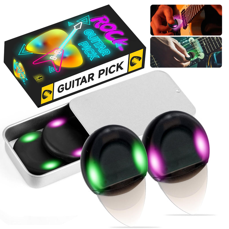 Guitar Gifts Glow in The Dark LED Pick, 0.6mm Automatically Lights Up with Replaceable Battery for Electric Acoustic Bass, Musical Present for Men Women Musicians (2-Pack, Green & Purple) Green+purple
