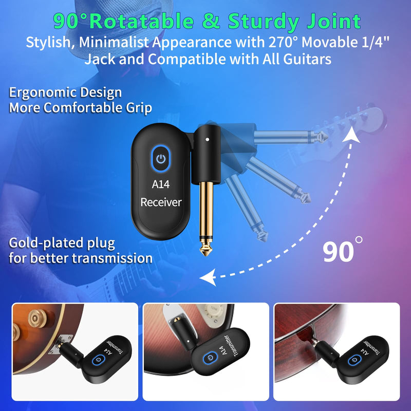 A14 Wireless Guitar System 2.4GHz 2 Modes, Thumb-Size, 90° Rotatable, Wireless Guitar Transmitter Receiver 100ft Range, Plug & Play for Guitar, Bass, Violin, Keyboard - Black (2TX + 1RX) 2TX + 1RX