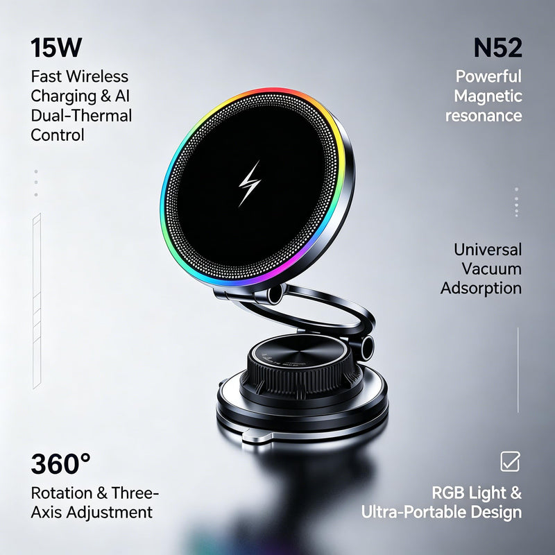 15W Fast Wireless Car Charger, Magnetic Dashboard Phone Holder, 360 Rotating Foldable Bracket, Compatible with MagSafe, Strong N52 Magnet & Gel Suction for iPhone17/16/15 pro and Samsung Smartphones