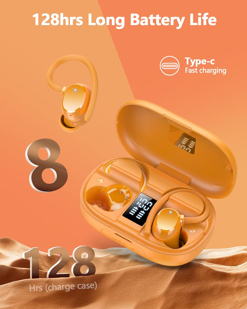 Ear buds Wireless Bluetooth Earbuds Sport 2026 NEW Bluetooth 5.3 Headphones with LED Display 128H Playtime Powerful Bass Over Ear Earphones with Earhooks IP7 Waterproof for Gym/Running/Workout Orange