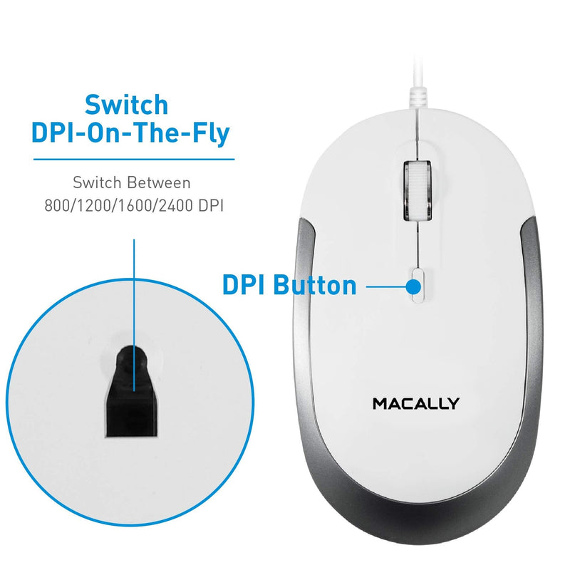 Macally Silent Wired Mouse - Slim & Compact USB Mouse for Laptop/Desktop Windows PC or Apple Mac - Designed with Optical Sensor & DPI Switch - Simple & Comfortable Wired Computer Mouse (White) White with Silver Trim