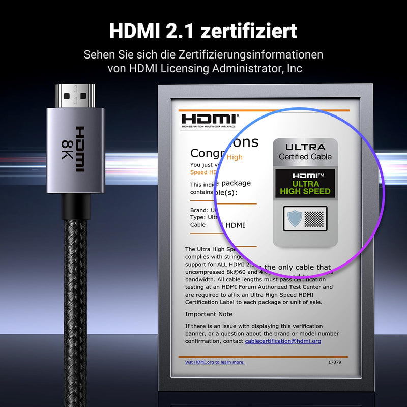 UGREEN HDMI 2.1 Cable 8K 60Hz 4K 240Hz 165Hz 144Hz 120Hz 48Gbps High Speed, HDMI Cable 2.1 Ultra HD eARC HDR 10+ HDCP Dolby Vision VRR Compatible with TV/PS5/PS4/Xbox Series X/Monitor/Laptop (2M) 2.0 Meter