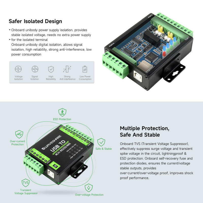 waveshare Industrial Isolated USB to RS232/485 Converter, Original FT4232HL Chip, Supports USB to 2-Ch RS232 + 2-Ch RS232/485, Wall-Mount & Rail-Mount Support