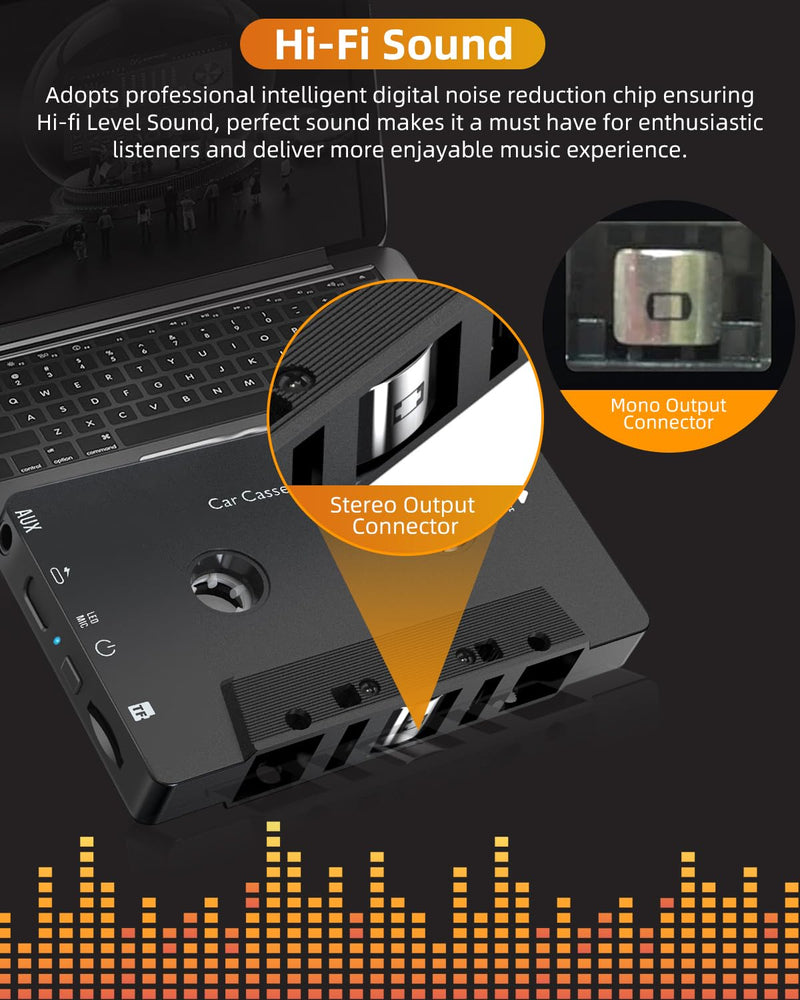 Car Audio Bluetooth 5.1 Cassette Receiver, Cassette Bluetooth Adapter for Car Tape Player, Wireless Cassette Aux Adapter with Hands-Free Calling, Compatibility with Smartphones, Tablets, MP3, TF Card