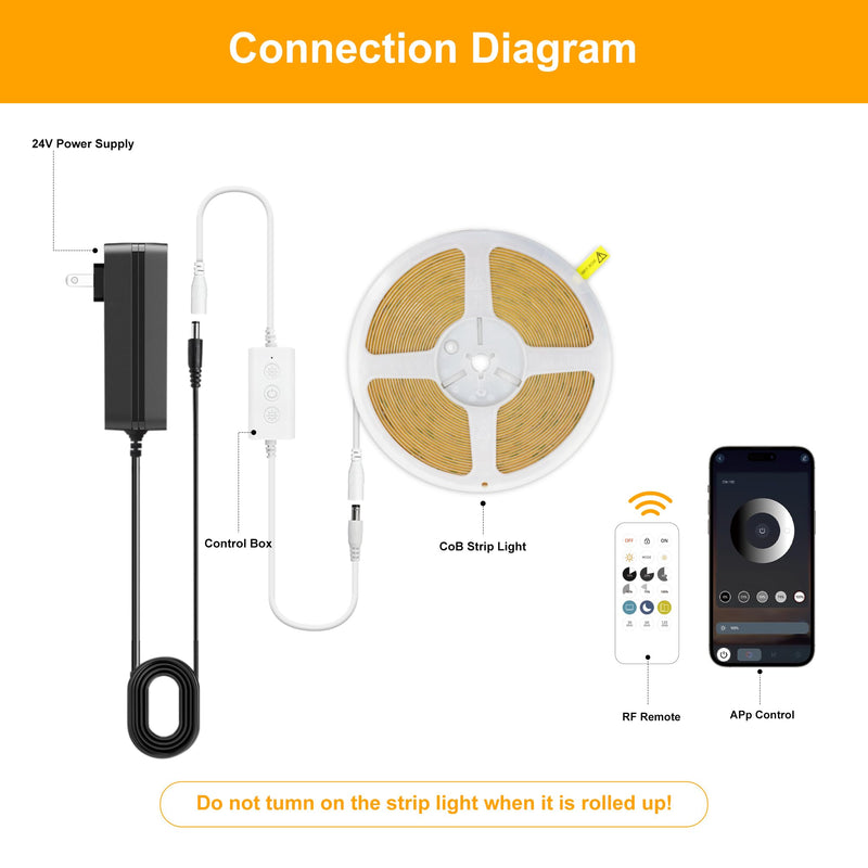 [AUSTRALIA] - Pandery COB LED Strip Lights Warm White,24V Dimmable led Light Strip KIT with Remote and app Control,2700K 25FT/7.5m 8mm Wide Ra>90 Cuttable Flexible Strip Lights for Bedroom,Wardrobe,Cabinet 2700K Warm white 