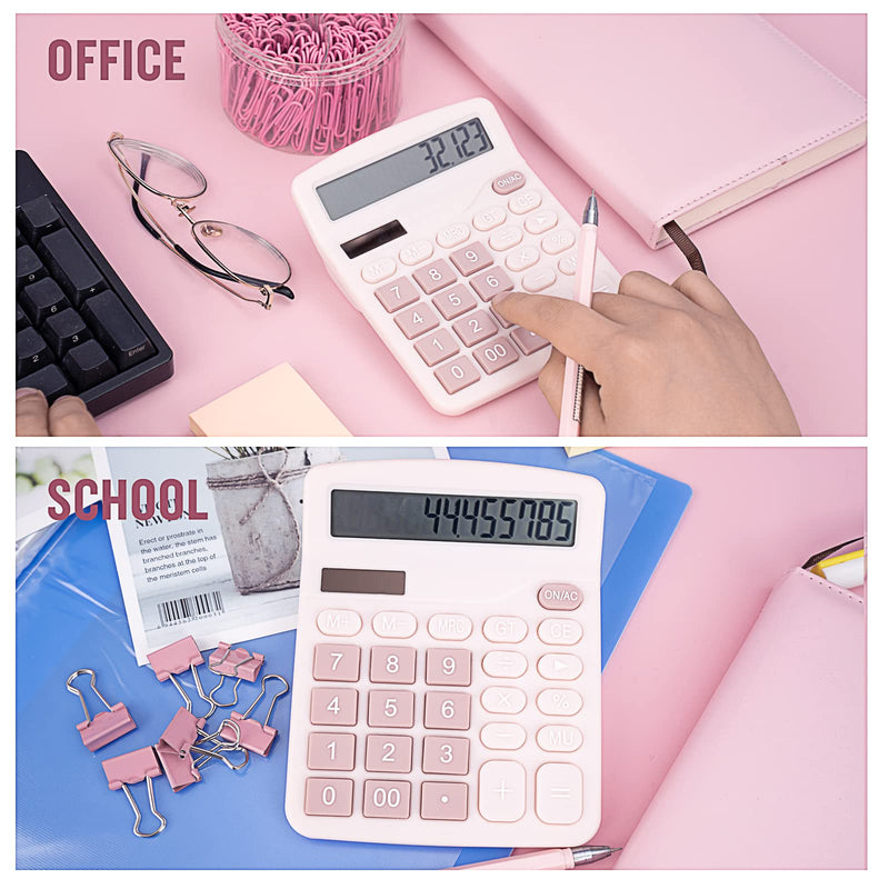 Cute Pink Desktop Calculator with Big Buttons, Dual Power Source, Solar and Battery, Large Display Screen - Perfect for Office, Teachers, and Students (Pink)