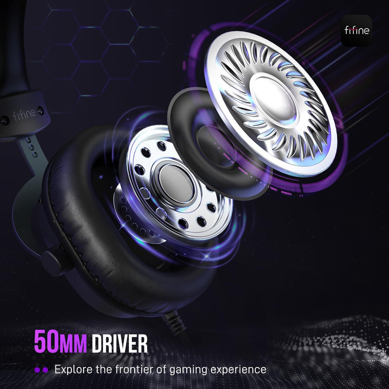 FIFINE Wired Gaming Headset, USB Headphone with 7.1 Surround Sound, Detachable Microphone, Control Box, 3.5mm Headphones Jack, Over-Ear Headset for PC/PS5/Xbox/Switch, Black-AmpliGame H9