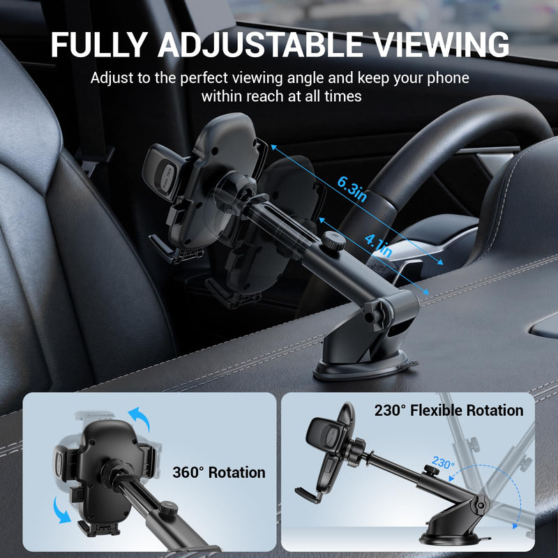 Fourpillars 2026 Upgraded Car Phone Holder Mount Strongest Suction & Clamp | Phone Holders for Your Car Mount with Suction Cup & Telescopic Arm Truck Stand Dashboard Windshield Vent iPhone & Samsung